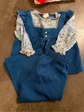 Vintage 1980s Teal Two-Piece Baby Dress Set with Floral Blouse